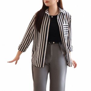 women's Loose Striped Lg Sleeve Blouse, Sun Protecti, Brocade Cott Shirt, Good Quality, Plus Size, Spring, Summer, 2024 m9Ix#