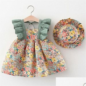 Abiti da bambina Nati Abito da bambina con volant floreale Principessa in cotone senza maniche Abbigliamento infantile Cappello estivo Prendisole Consegna di 1 anno Dhjp1