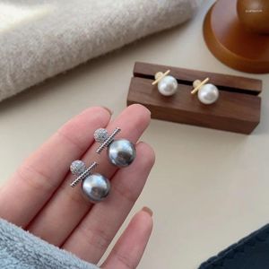 Stud Earrings South Korea Elegant Light Luxury Zircon Grey Imitation Pearl For Women Fashion Simple Metal Jewelry Gifts