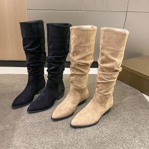 Western Cowboy Boots for Women Point Toe Shoes Brand Suede Leather Shoes Knee High Chunky Heel Comfy Walking Boot Woman