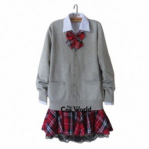 Stile preppy Studente di classe Giappone JK Uniforme scolastica Inverno Grigio con scollo a V Cardigan Gonna scozzese rossa Camicia bianca Abiti c6FU #