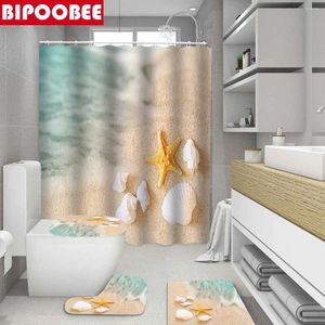 Cortinas de chuveiro 3d praia cortina de banheiro oceano estrela do mar concha tapetes de banho tampa de toalete antiderrapante tapete durável pedestal decoração de casa