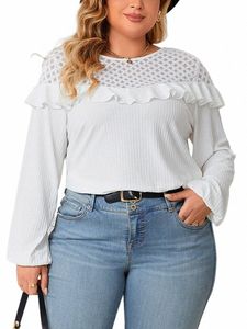 gibsie Plus Size White Tie Back Ruffles O-Neck Women Blouses Tops 2023 Fall New Casual Sweet Lg Sleeve Knit Shirt For Ladies u28v#