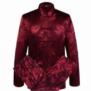 new Year Chinese Traditia Men Tang Suit Sets Lg Sleeve Shirt Pants Drag Kung Fu Suit High Quality Silk Wu Shu Tai Chi Sets X4qz#