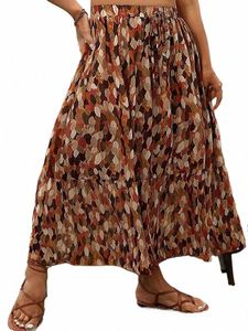 Saia LG para mulheres de poliéster plus size elegante e muito barata casual padrão de folhas roupas frete grátis verão 2023 roupas 18XC #