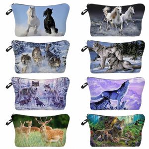 animal Print Toiletry Bag Pencil Cases For Girls Makeup Bags Large Capacity Cosmetic Bag Women's Portable Wolf Horse Deer Travel 509Y#