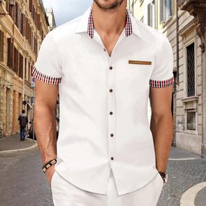 Camisas casuais masculinas 2024 verão cor xadrez camisa de manga curta lapela negócios slim-fit