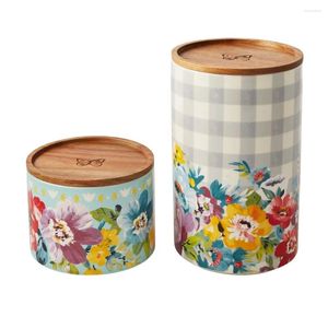 Storage Bottles 4-Piece Ceramic Stacking Canisters Set With Wood Lids