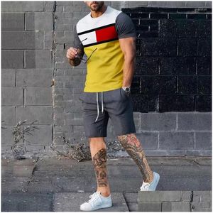 Tute da uomo Uomo Patchwork Streetwear Manica corta Fitness Homewear T-shirt Pantalone 2 pezzi Set Outdoor Uomo Estate Abiti casual Dr Dhffa