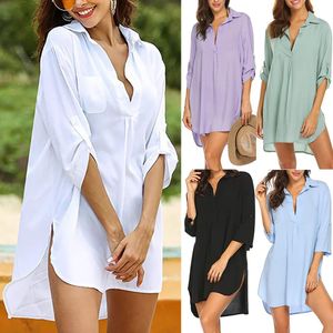 Abbigliamento da donna primaverile ed estivo con scollo a V profondo, elegante abito da camicia da bagno con protezione solare da spiaggia