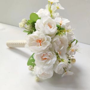 Vit brud bröllop bukett för brudtärna blommor peoner konstgjorda brudboutonniere corsage lapel stift äktenskap tillbehör