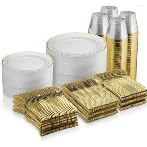 Тарелки, 600 одноразовых золотых пластиковых столовых приборов - 100 10-дюймовых и 7-дюймовых серебряных чашек из 300 штук, подходящих для гостей