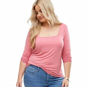 Plus Size Square Neck Primavera Outono Elegante Top Mulheres Lg Manga Rosa Bainha Blusa Feminina Tamanho Grande Sexy Camiseta 6XL 7XL 8XL G1Rx #