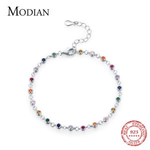 BANGALES Modian Bohemia Style Charm Chain Bracelet for Women Real 925 Sterling Silver Rainbow Color CZ Acessório de jóias de moda feminina