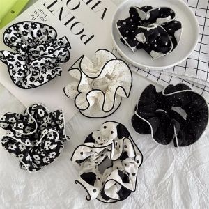 Woman New Cloth Edge Banding Pleated Flowers Scrunchies Elastic Hairband Girls White Black Rubber Band Hair Ties Ponytail Holder