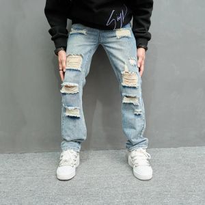 New Simple Men Loose Ripped Straight Jeans Pants Male Streetwear Stylish Casual Denim Trousers