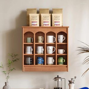 Kitchen Storage Living Room Wall Mounted Display Cabinet Solid Wood Cup Holder 12 Grid Design Dustproof Drawer Rack