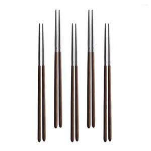 Kitchen Storage 5 Pairs Chicken Wing Wooden Handle Chopsticks Chinese Style 304 Stainless Steel