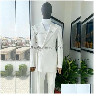 Men'S Suits & Blazers Mens Elegant Terno For Men White Wedding Groom Double Breasted Peaked Lapel Formal Ocn Costume Two Piece Jacket Dhpoq