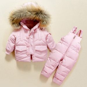 Casaco de inverno para meninas, conjuntos de roupas quentes com capuz, jaqueta de pato, calças, traje de neve à prova d'água, roupas de bebê meninos