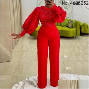 Etniska kläder Elegant afrikansk jumpsuit Long Lantern Sleeve Red Lace Patchwork Rompers Plus Size Party for Women Outfits Drop Deliver DHGTF