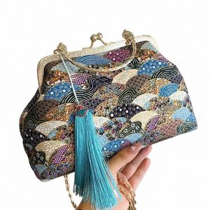 vintage Women Chain Shoulder Bags Tassle Menger Bags Designer Blue Purple Handbags Kiss Lock Shell Clip Evening Prom Clutch 07D2#