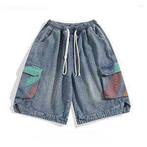 Shorts masculinos na moda cor-bloqueada tridimensional bolso denim verão hong kong estilo nicho versátil casual solto meados de calças
