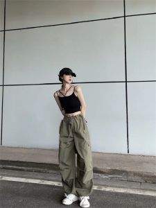 HOUZHOU Hip Hop Retro Green Cargo Pants Women Y2K Harajuku Oversize Wide Leg Black Parachute Trousers Female Vintage Streetwear