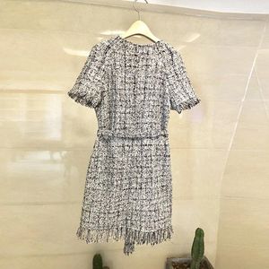 Party Dresses Women Summer Short Sleeve A Line Dress Drawstring Tassel Elegant Office Ladies Tweed Vintage Knitted Plaid Female