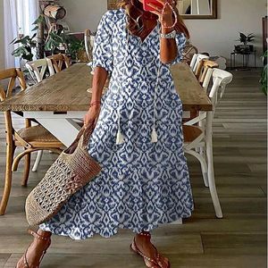 Womens Summer Loose V Neck Printed Halter Sleeve Long Dress