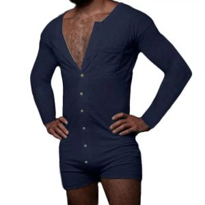 İç çamaşırı erkekler seksi pijama setleri onesie-s erkekler uzun kollu düz renkli romper tek göğüslü tulum pijama kılıfı