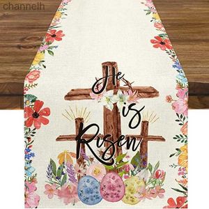 Table Runner Watercolor Floral Easter Cross Seasonal Spring Holiday Dresser Farmhouse Kitchen Decoration Home Party Decor yq240330