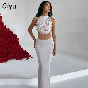 Vestido de duas peças giyu sexy conjunto de duas peças feminino 2023 verão sem mangas sem costas rendas até colheita superior bodycon saia longa vestido conjuntos 2 peça conjunto roupa j240330