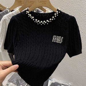 Women's T Shirt designer High grade beaded Fried Dough Twists short sleeved knitwear women spring design sense of niche slim little fragrance bottoming shirt top V73T