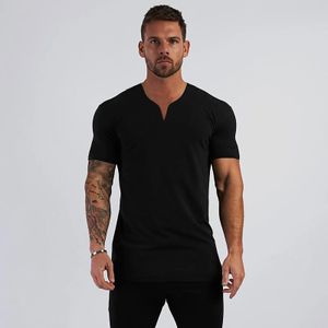 Summer Arrivals V Neck Short Sleeve Men T Shirt Slim Fit Fashion Tshirt Skinny Casual Gym Clothing Fitness 240321