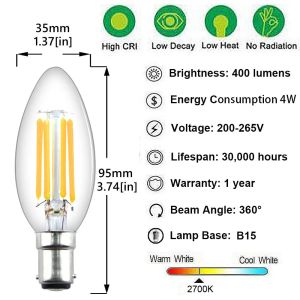 LED -Kerzenfilament Glühbirne B15 SBC Bajonett 4W BA15d Vintage warmes Weiß 2700K 40W Ersatz Home Office Decorative Dimmable