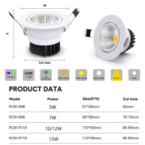 LED COB Downlight Dimmable Led Recessed Spotlight Ceiling Lamp 220V 110V Round Led Spot Light for Home Bedroom Kitchen Bathroom