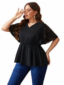 plus Size V Neck Women Blouse See Through Short Ruffle Sleeves Top Shirts Solid Color Loose Casual Elegant Tee Summer Clothing a1Gk#