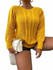 onelink Solid Yellow Cable Knit Pattern Women's Plus Size O Neck Pullover Sweater Oversize Tops Office Lady Daily 3XL Clothing f60n#