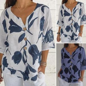 Blusas femininas Mulheres Impresso Camisa com decote em V Folha V Neck Blusa para estilo retro três quartos manga suave primavera