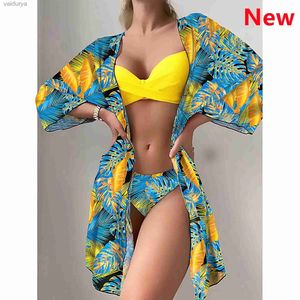 Kvinnors badkläder Bikini Set Women Three Pieces Swimsuit Cover Up 2024 New Push Twist Print Long Sleeve Biquini Beach Bathing Suit YQ240330
