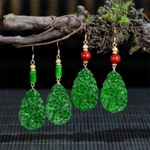 Küpe Retro Yeşil Yeşim Yaprak Damarları Büyük Damla Stil Sarkla Küpe Vintage Çin Antik Gem Kanca Kadın Mücevher Hediyesi
