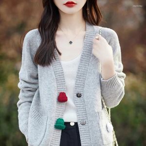 Cardigan feminino de malha de lã com decote em V suéter elegante e versátil casaco de primavera de manga comprida