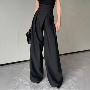Черный дизайн, широкие брюки, женские утягивающие брюки, волшебные свободные брюки с высокой талией, прямые, ниспадающие, повседневные брюки 240321