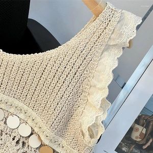 Women's Tanks Women Ruffle Sleeve Crocheted Crop Top Tassels V Neck Camisole Vests