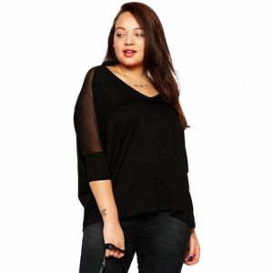 Plus-storlek sommar elegant lös blus kvinnor 3/4 batwing hylsa mesh panel svart lös överdimensionerad topp stor storlek casual t-shirt 6xl b269#