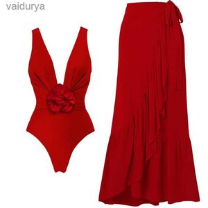 Roupa de banho feminina 2024 destacável flor 3d vermelho um pedaço maiô e saia férias mulheres biquinis beachwear luxo maiô yq240330