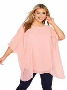 Eleganckie letnie rękaw Batwing Summer Casual Bluzka Kobiety różowe luźne tuniki szyfki o dużej wielkości koszulka Cape T Shirt 6xl A4RY#