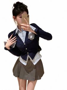 preppy Style 2024 New Spring Women Korean JK Uniform Set Lg Sleeve Navy Mock Two-Piece Shirt Top Jacket A line Skirt Suit Girl b05V#