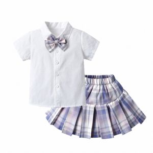 2pcs Kids Girls Japanese Style Plaid Skirt Outfits Short Sleeve Bowknot Shirt Tops Pleated Mini Skirt Children's School Uniforms m5vw#